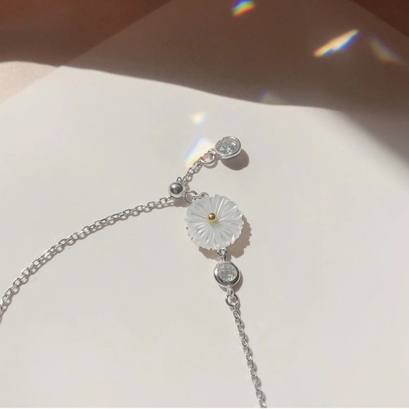 NEW 925 Sterling Silver Shell Diamond Daisy Anklet - Picture 9 of 9